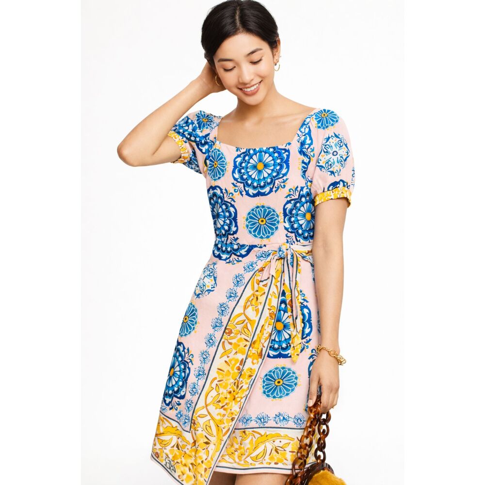 Maeve Anthropologie Medallion Print Square Neck Tie Waist Resort Mini Dress 4
